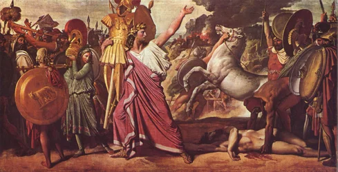 Romulus, de overwinnaar van Acron, draagt de rijke buit naar de tempel van Zeus